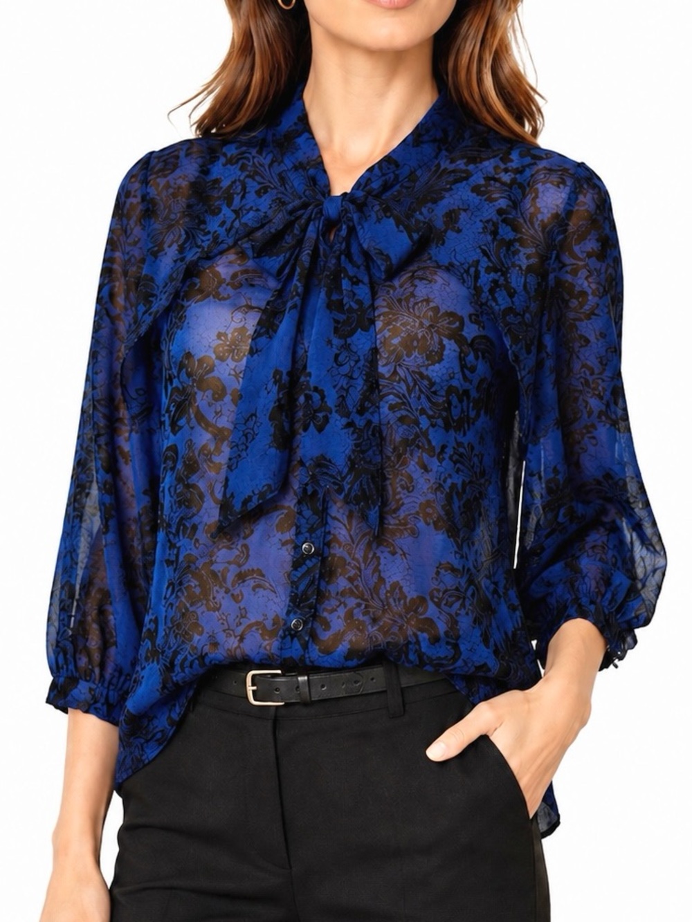 Tristan 100% Silk Blue Black Damask Floral Tie Neck Sheer Blouse Size Small